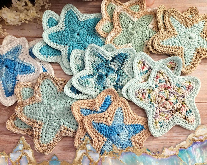 Crochet Starfish or Nautilus Shell Drink Coasters Set 2 100% Cotton Beach Coastal Decor