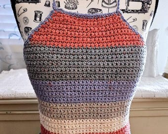 New England Coastal Halter Top Handmade Crochet Blue Red White Gray Nautical Core Fisherman Aesthetic Reusable Sustainable MEDIUM