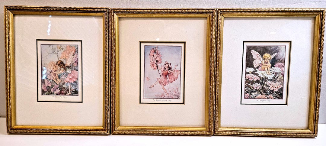 Vintage Cicely Mary Baker Gold Framed Original 1950's Print Candytuft Fairy Almond Blossom Fairy Sweet Pea Fairies Flower Fairy Wall Art