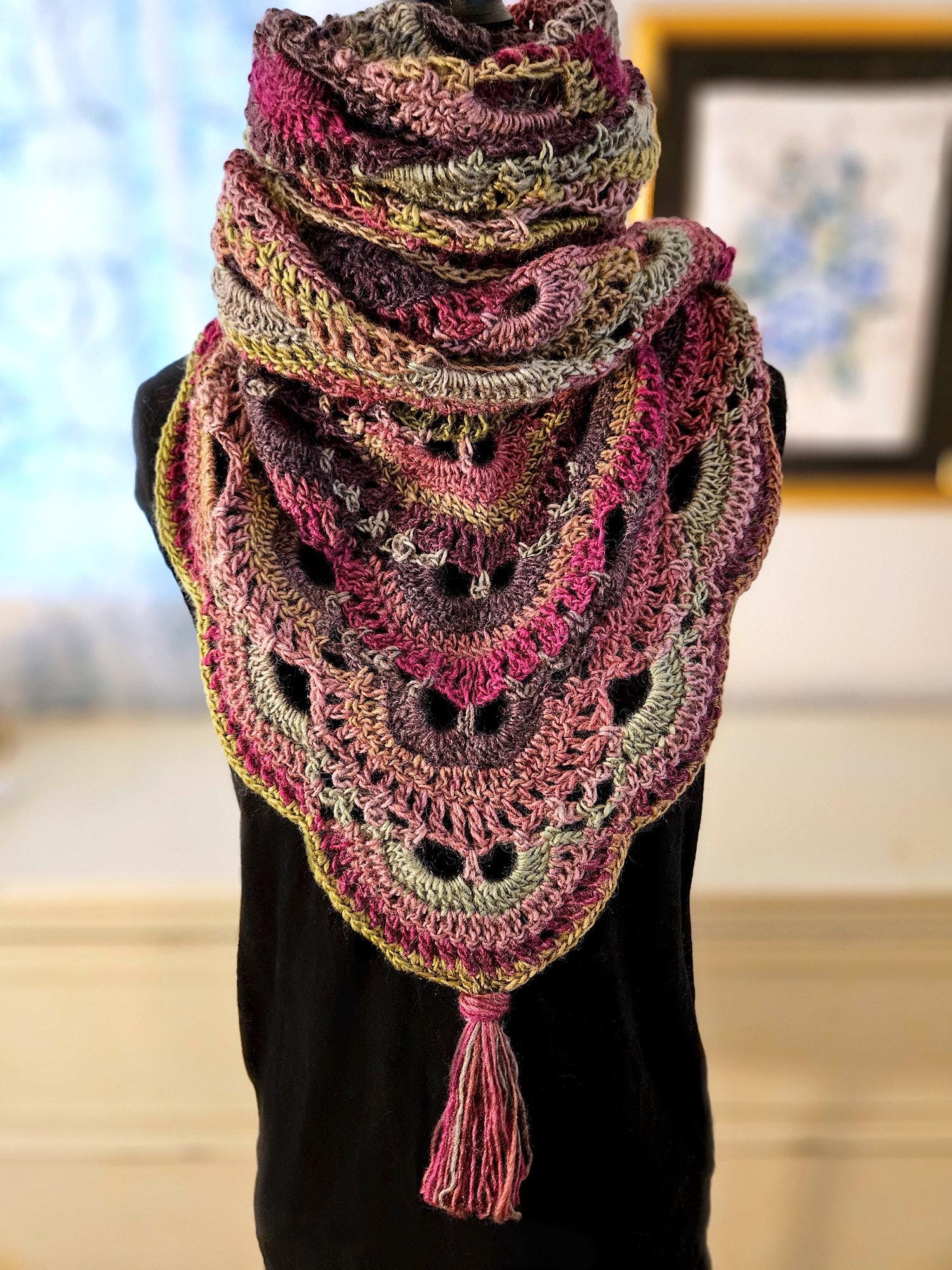 Crochet Owl Scarf Shawl with Tassels: Burgundy, Brown & Olive Green