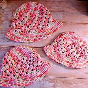 Handmade Granny Sun Hat Baby Toddler Child Sizes Pink Green Strawberry Cream Cotton Blend Beach Bucket Hat Spring Summer Baby Girl