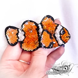 Clown fish brooch, finding nemo, orange white black brooch on a marine theme, sea creatures, exotic fish, cartoon characters