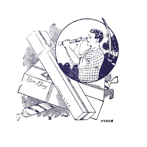 May include: A dark blue ink illustration on white. A man looks through a telescope, pickaxe over his shoulder, within a circle. Chocolate boxes are in the foreground, one labelled "Bon Bons". The word "Chocolates" is printed on one box. A vintage design.