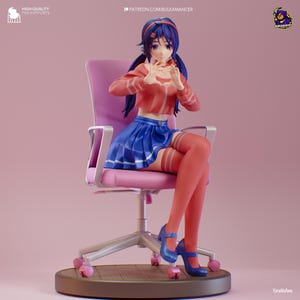 May include: A figurine of a character with dark blue hair in pigtails, wearing a coral long-sleeve crop top, a blue pleated skirt, and red thigh-high stockings with blue Mary Jane shoes. The character sits on a pink office chair on a round base.
