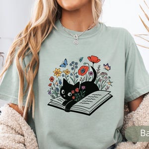 Floral Cat Shirt, Cat Lover T-shirt, Cat Book Shirt, Cat Lover Gift, Gift for Her, Cat Mom Shirt Gift, Cute Cat Shirts, Cute Book Cat Tshirt