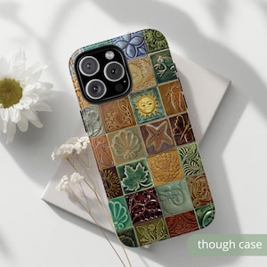May include: A phone case with a colorful, mosaic-like design. The case features a variety of square tiles with embossed patterns, including a sun, starfish, and leaves. The text "though case" is visible on the bottom right.