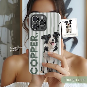 May include: A phone case featuring a vertical light gray and white striped pattern with the name COPPER printed in large dark green letters. A black and white border collie is depicted sitting, and a small inset shows a pet photo placeholder.