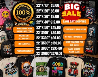 Custom DTF Gang Sheet, Dtf Transfers for T-Shirts, Dtf Heat Transfer, Wholesale Dtf Gang Sheet,Ready To Press, Same Day Shipping,24 Hour Tat