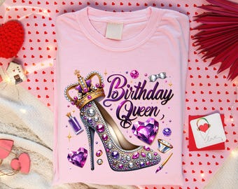 Birthday Queen T-Shirt, Sparkly Crown, High Heel Tee