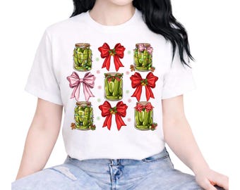 Coquette Christmas Pickle Shirt, Funny Xmas Bow Sweatshirt, Cute Holiday Pickle Graphic Tee, Xmas Family Matching Top, Pickle Lover Gift