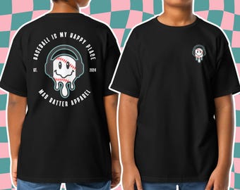 Baseball is My Happy Place Youth T-Shirt, 100% Cotton, Black