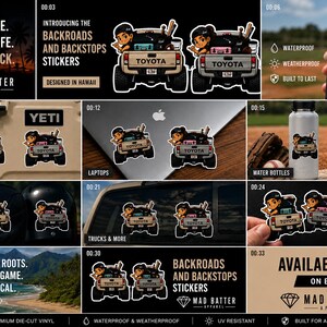 May include: A collection of die-cut vinyl stickers featuring a cartoon character in the bed of a Toyota pickup truck. The stickers display the text 'Toyota' on the tailgate and are shown applied to coolers, laptops, water bottles, and helmets.