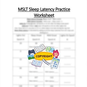 May include: Black and white worksheet with the title "MSLT Sleep Latency Practice Worksheet". The worksheet is divided into a grid with several rows and columns. The grid is filled with blank spaces for writing. A cartoon image of a cat wearing a red hat and holding a sign that says "COPYRIGHT" is in the middle of the worksheet.
