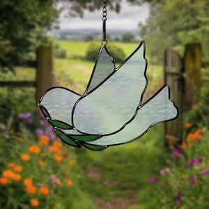 花に囲まれた幸運の二羽の鳩 ヴィンテージ ステンドグラス 平和の象徴 鳥 花柄 花に囲まれた幸運の二羽の鳩 ヴィンテージ ステンドグラス 平和の