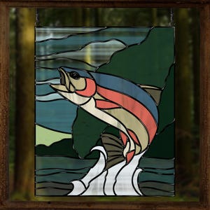 Patrón de vitral de trucha – Plantilla de arte acuático en vidrio – Descarga digital para atrapasoles y paneles de ventana (PDF, SVG, PNG, JPEG)