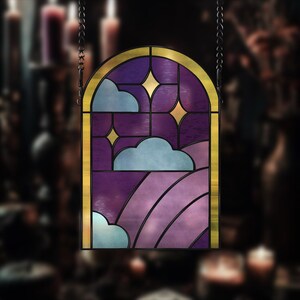Rainbow, Clouds and stars Arched stained glass pattern preview – digital download template for suncatchers.