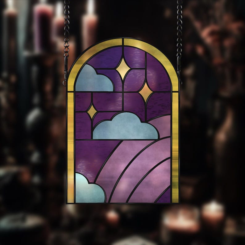 Rainbow, Clouds and stars Arched stained glass pattern preview – digital download template for suncatchers.