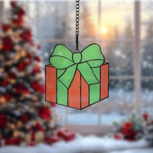 Geschenkdoos met strikpatroon van gebrandschilderd glas – sjabloon voor kerstversiering – digitale download voor kerstdecor (pdf, SVG, PNG, Jpeg)