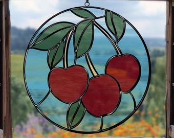 Cherries Suncatcher Stained Glass Pattern:Printable Template (PDF, SVG, PNG, Jpeg)