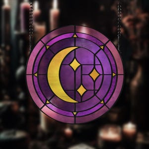 Crescent moon and star stained glass pattern preview – digital download template for suncatchers.