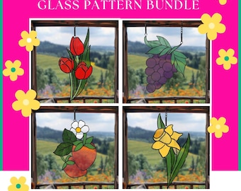 Floral & Fruits Stained Glass Pattern Bundle : Tulip, Daffodil, Grapes, Strawberries  (PDF, SVG, PNG, Jpeg)