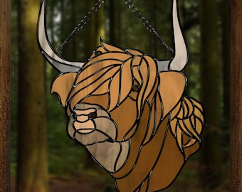 Highland Cow Stained Glass Pattern – Hefer Rustic Animal Suncatcher (PDF, PNG,SVG, Jpeg)