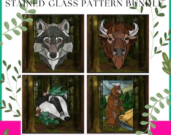Wildlife Stained Glass Patterns Bundle – Buffalo, Bear, Wolf, Badger (PDF, SVG, PNG, Jpeg)