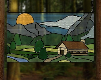 Farmhouse Stained Glass Pattern – Rustic Homestead Suncatcher (SVG, PNG, PDF, Jpeg)