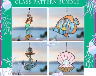 Ocean Stained Glass Pattern Bundle: Beach - Mermaid, Fish, Anchor, Oyster (PDF, SVG, PNG, Jpeg)