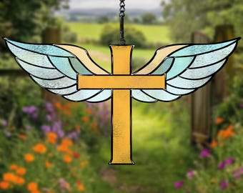 Stained Glass Cross with Wings Pattern: Angel Memorial Design (SVG, PDF, PNG, Jpeg)