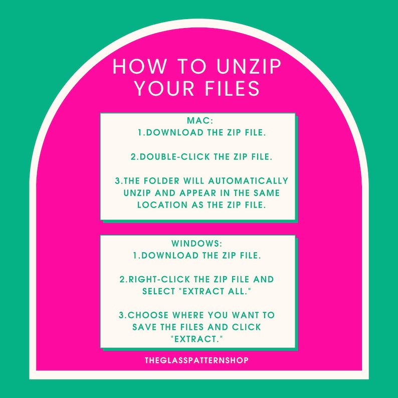 May include: A teal and pink graphic with instructions on how to unzip files on Mac and Windows. The text reads "HOW TO UNZIP YOUR FILES" at the top, with steps for both operating systems. The bottom of the graphic has the text "THEGLASSPATTERNSHOP".