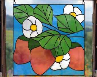 Strawberry Stained Glass Pattern: Floral Suncatcher Template (PDF, SVG, PNG, Jpeg)