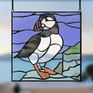 Puffin Stained Glass Pattern – Coastal Bird Suncatcher Template – Puffin on Rocks Digital Download PDF SVG PNG Jpeg