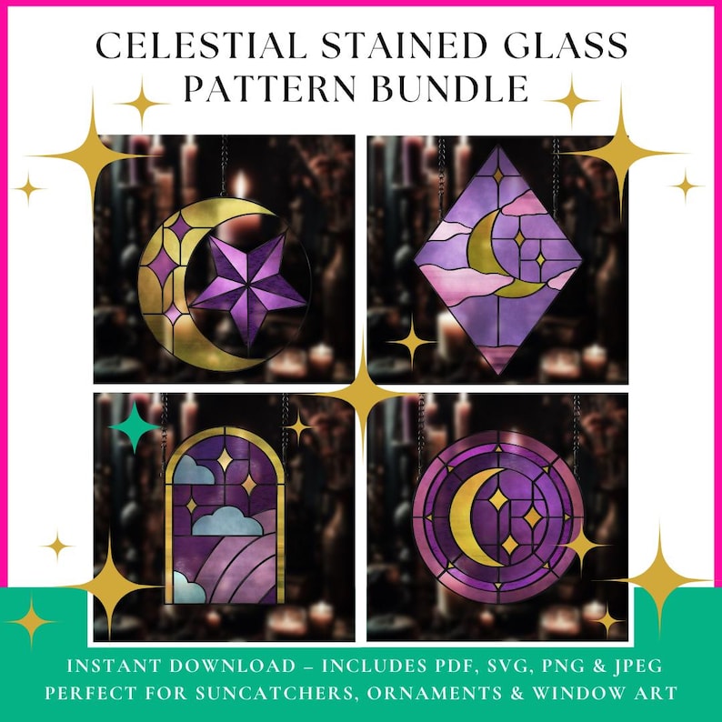 Four celestial-themed stained glass patterns including moon, stars, clouds, and rainbow designs – digital download bundle.
