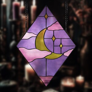 Moonlit Diamond suncatcher Crescent moon and star stained glass pattern preview – digital download template for suncatchers.