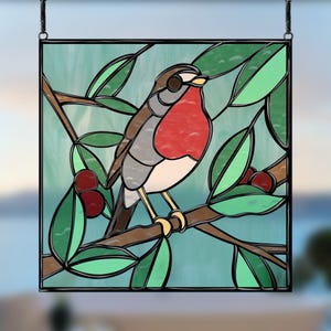 Patrón de vitral de petirrojo en una rama: plantilla de arte de vidrio con pájaros: descarga digital para luces de noche o atrapasoles (PDF, SVG, PNG, JPEG)