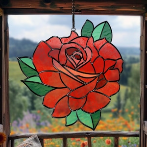 Rose Flower Suncatcher Stained Glass Pattern – June Birth Flower Glass Art Template – Digital Download (PDF, SVG, PNG, Jpeg)