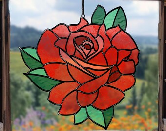 バラのステンドグラスパターン：誕生花のサンキャッチャー（PDF