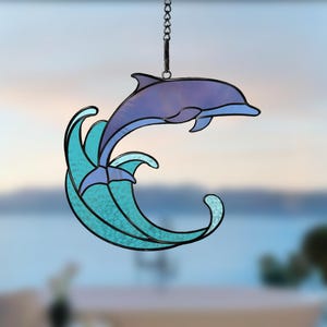 Patrón de vitral con delfín sobre una ola: plantilla de arte en vidrio con temática oceánica (descarga digital) (PDF, SVG, PNG, JPEG)