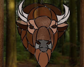 Buffalo Stained Glass Pattern – Wildlife Suncatcher Template – Digital Download PDF, SVG, PNG, Jpeg