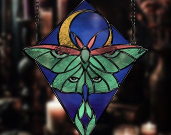 Stained Glass Lunar Moth Suncatcher Pattern: Celestial Digital Download (PDF, SVG, PNG, Jpeg)
