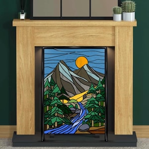 Mountain and River Stained Glass Panel – Nature-Inspired Glass Art Template – Digital Download (PDF, SVG, PNG, Jpeg)