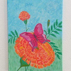 Bloem schilderij. Acryl schilderij, vlinder.