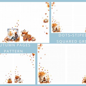 Può includere: Illustrazioni ad acquerello di pagine a tema autunnale con motivi a punti e a griglia quadrata. I disegni presentano fogliame autunnale, zucche, una persona, una teiera e il testo "AUTUMN PAGES PATTERN" e "DOTS-STIPED SQUARED GRID".