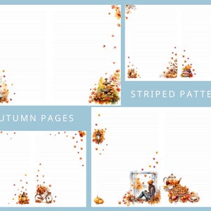 Può includere: Quattro pagine bianche a righe con illustrazioni ad acquerello a tema autunnale. Le pagine sono decorate con foglie arancioni e gialle, zucche e altri elementi autunnali. È visibile anche il testo "AUTUMN PAGES" e "STRIPED PATTERN".