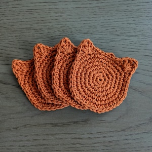 Crochet Cat Coasters - Rust Orange Cotton Drink Coasters, Set of 4