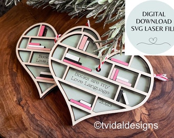 Book Lover Ornament SVG: Bookshelf Heart, Laser Cut File (Digital Download)