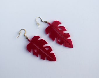Leaf Shape Earrings, Cherry Plum-Magenta colored Leaf Acrylic