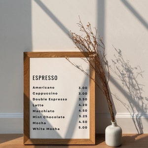 Impressão artística de cardápio de cafeteria | Impressão artística de cardápio de café expresso | Arte de cafeteria | Arte de cozinha | Arte de parede de cozinha | Pôster de café | Decoração fofa para casa
