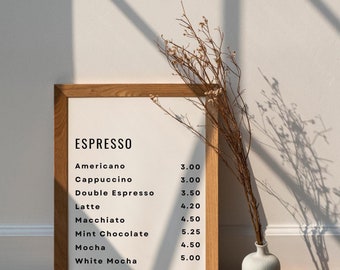 Lámina artística con menú de café expreso / Decoración para cafetería (Descarga digital)